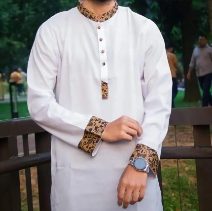 White Panjabi with Chest Contrast. Soft Cotton, Panjabi for men Brand new design.  Stylish and trendy Item
