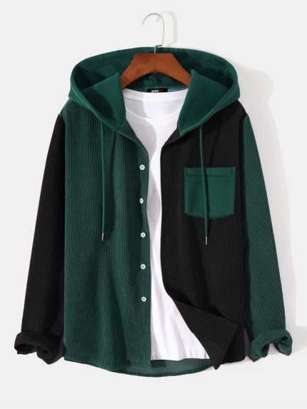 Mens Corduroy Patchwork Long Sleeve Button Up Hoodie